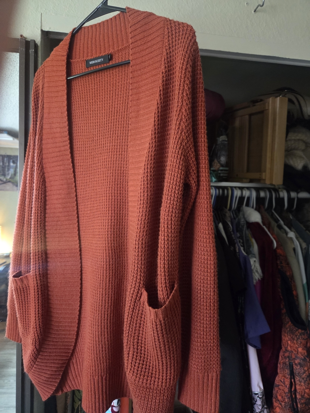 MEROKEETY Rust Open-Front Waffle Knit Cardigan - Picture 3 of 6